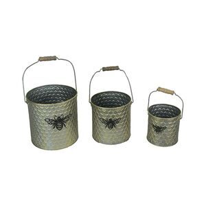 Set of 3 Galvanized Metal Honeycomb Textured and Bumblebee Nesting Buckets